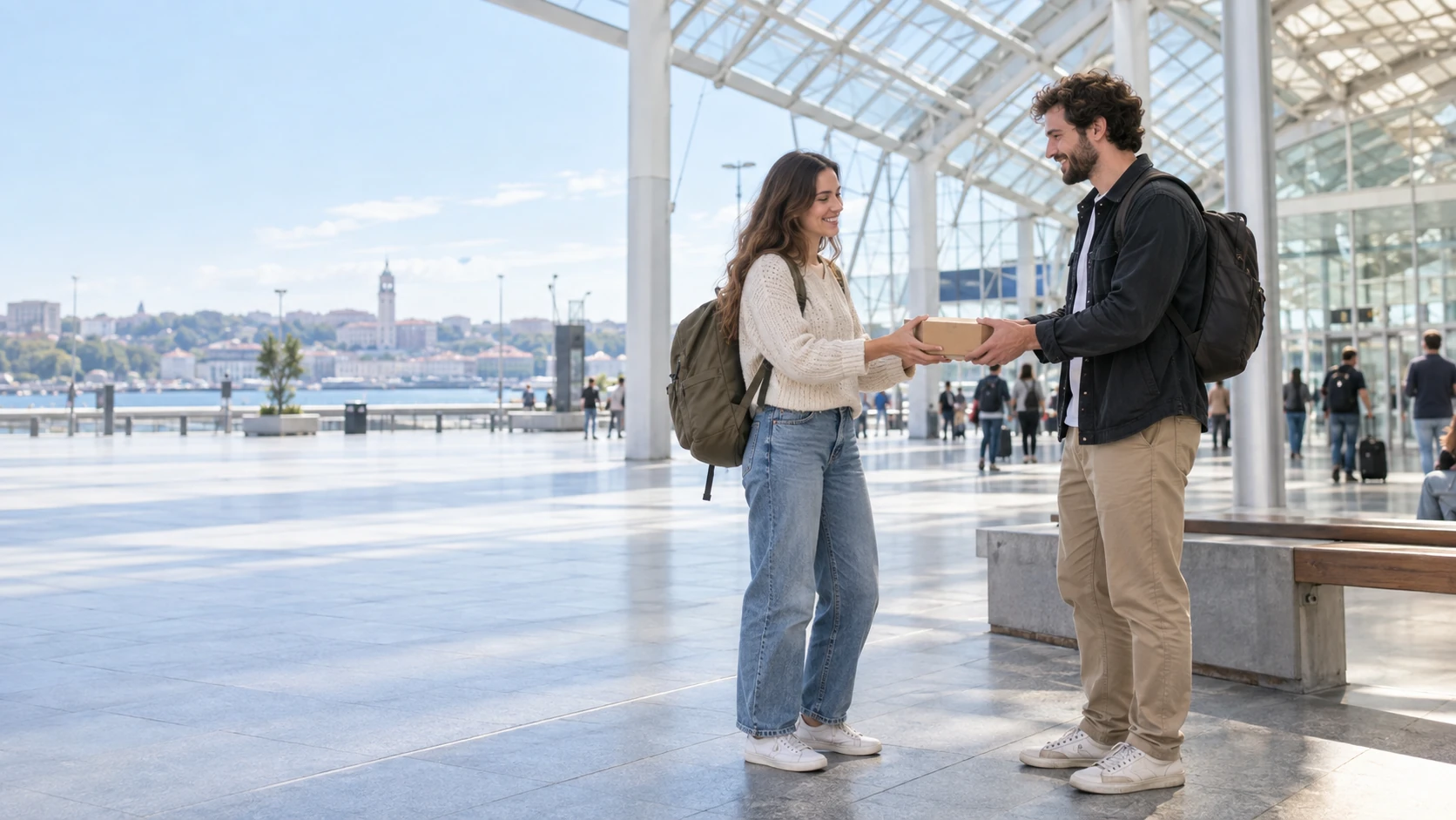 Illustrative natural parcel handoff between two people in a bright public travel lounge