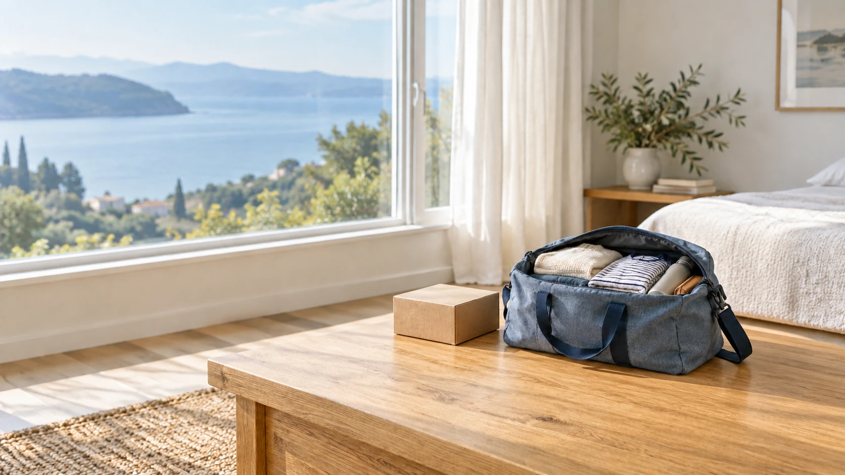 Illustrative scene of a small parcel and an open travel bag being prepared at home