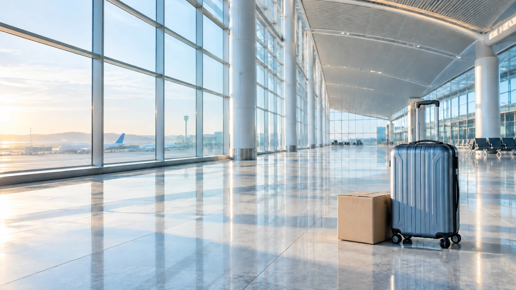 Illustrative bright departure terminal with a complete suitcase and a parcel
