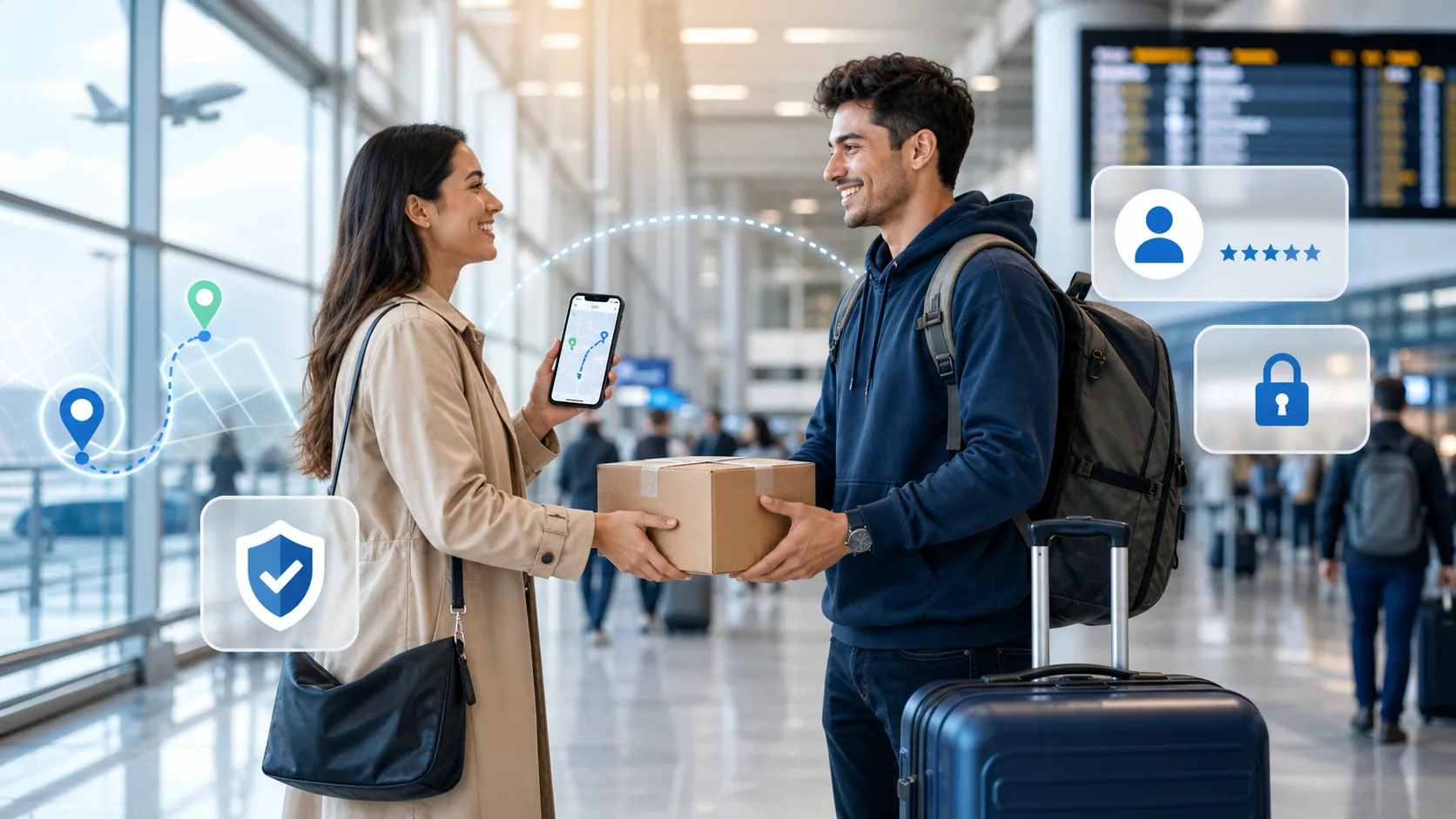 A sender handing a parcel to a verified traveler with app tracking and trust cues