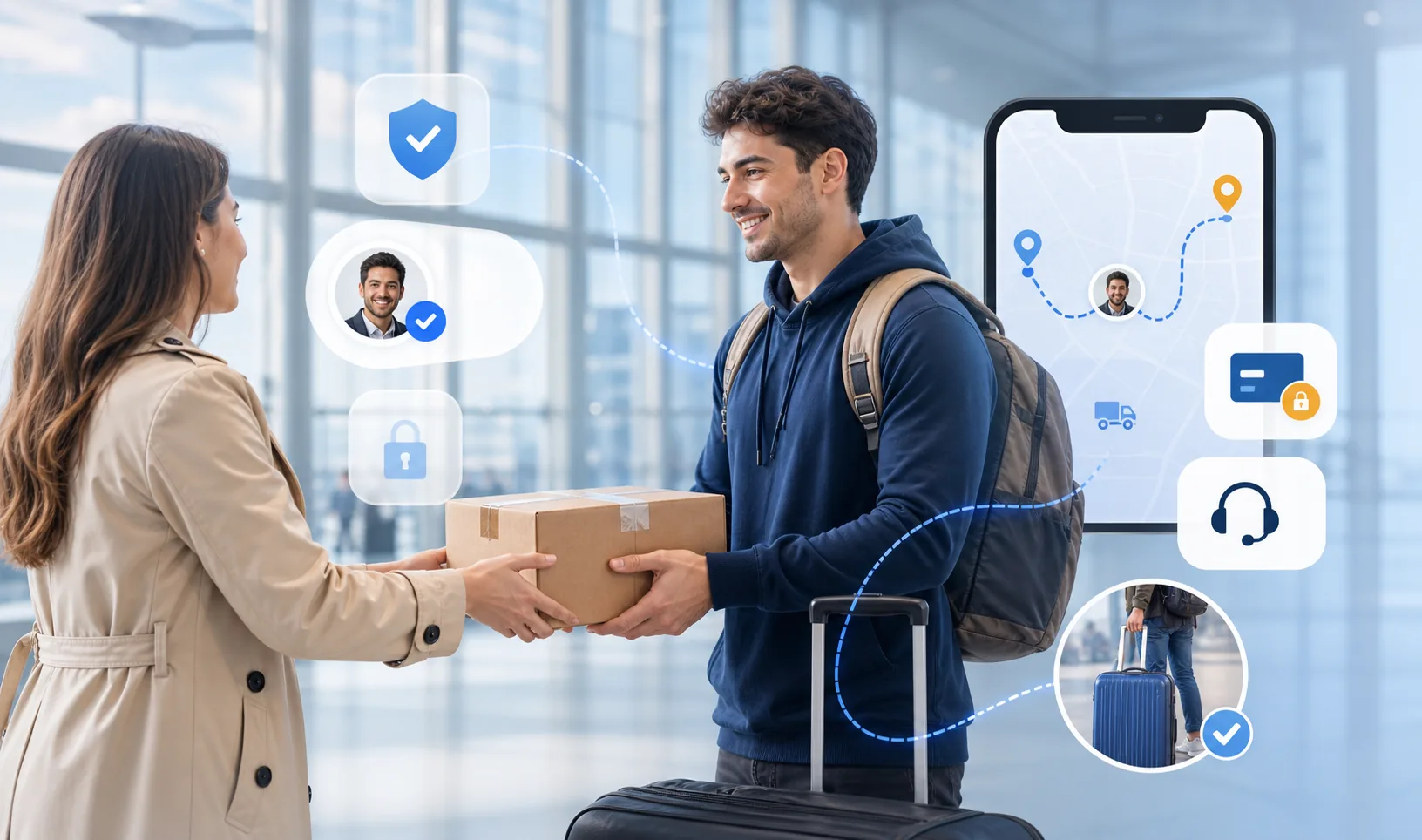 Sender handing a parcel to a verified traveler with route tracking, verification, payment support, and customer support cues