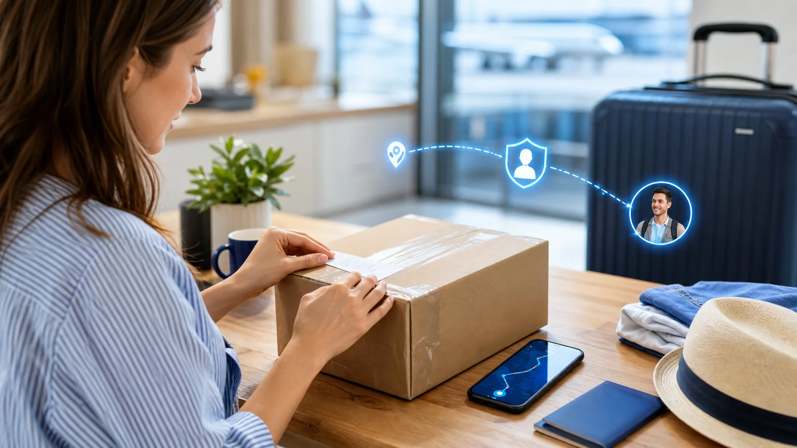 Sender preparing a sealed parcel beside luggage and a phone showing route tracking for peer-to-peer delivery