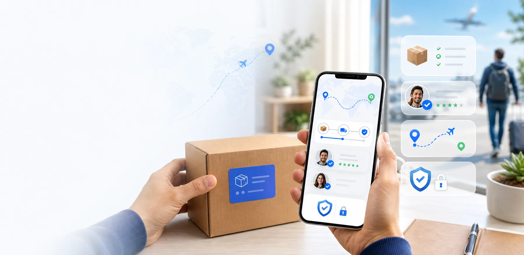 Sender preparing a parcel with app tracking, verified traveler, and safety cues