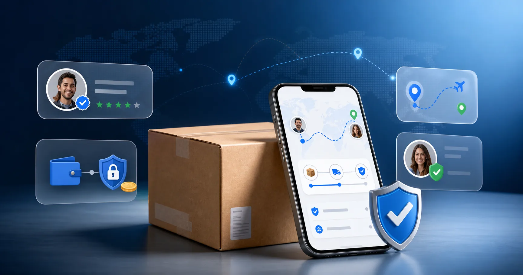 Parcel, tracking app, verified users, and payment protection visual