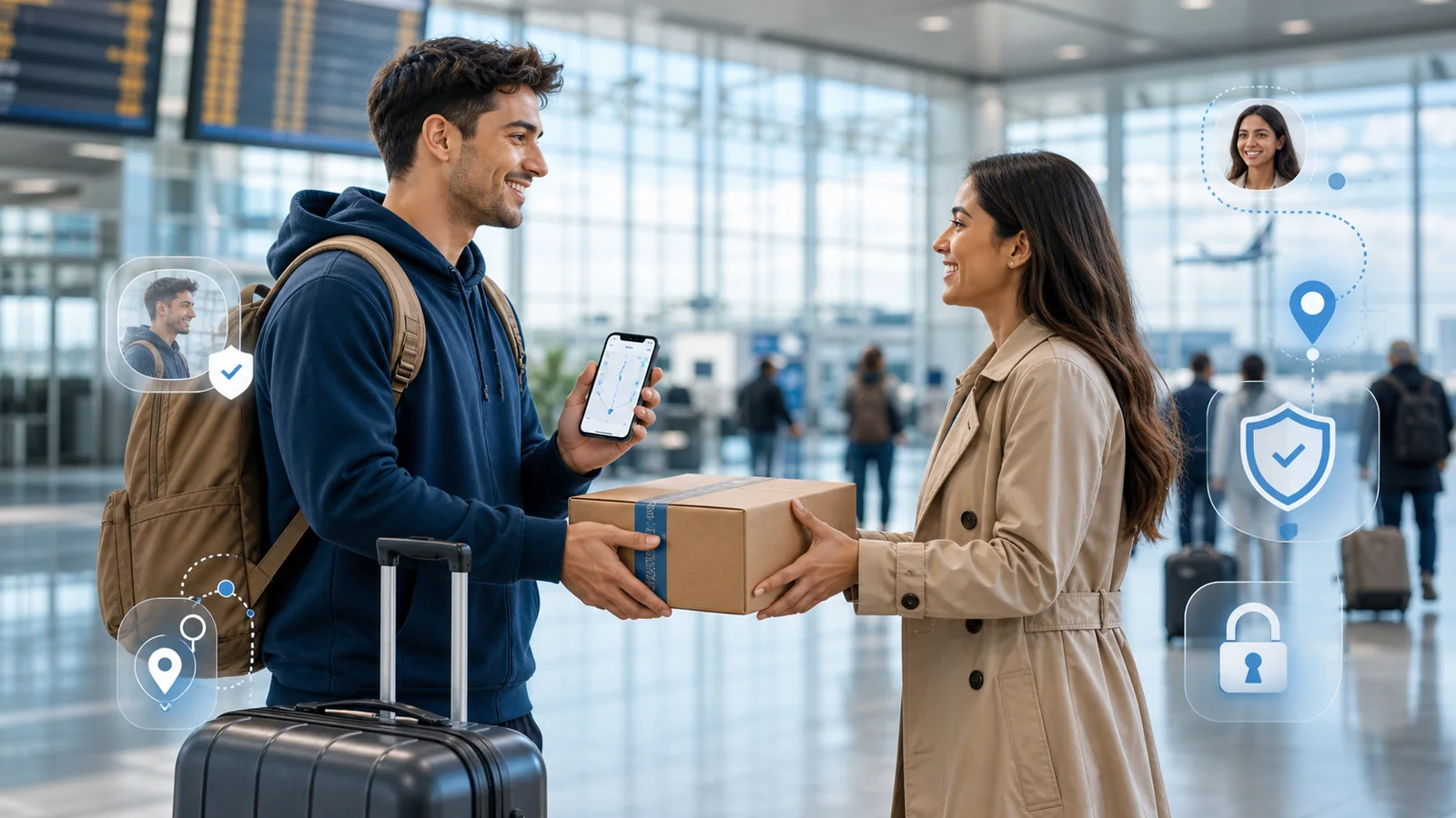 Verified traveler receiving a parcel from a sender at an airport with live tracking and trust protection visuals